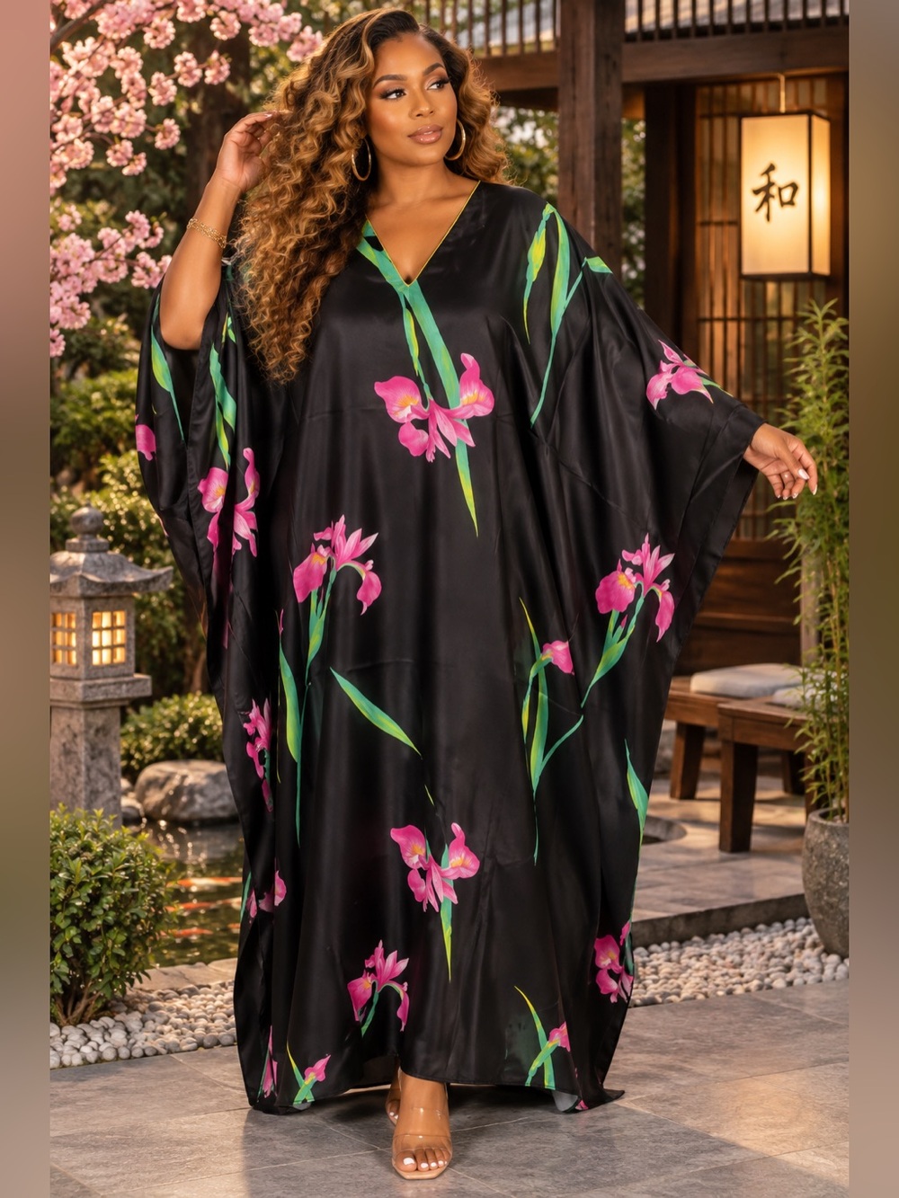 Women's Black Satin Floral Kaftan - Elegant Lounge Dress